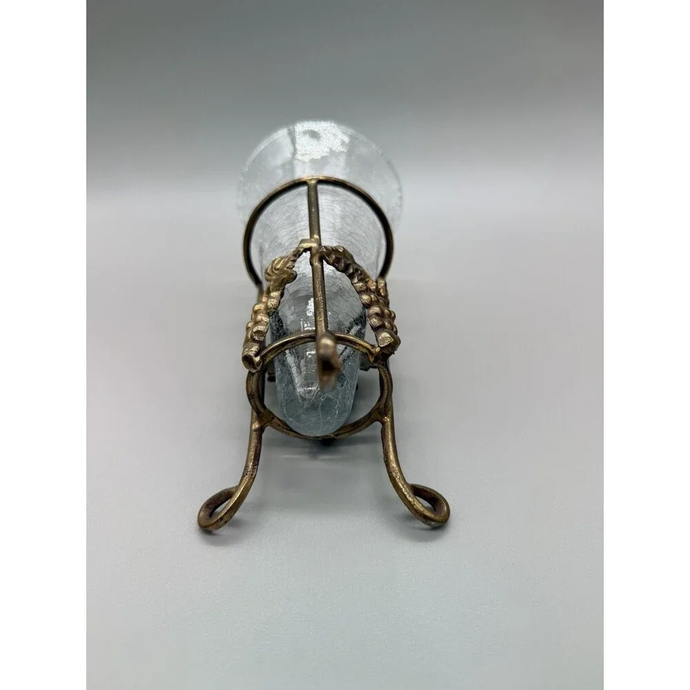 Vtg Pier 1 Hollywood Regency Crackle Glass Trumpet Vase Footed Brass Grape Stand